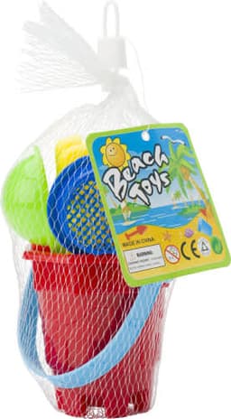 A red beach bucket with green and blue accessories, packaged in a net. It features a logo on a label.
