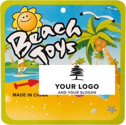 A bright green packaging featuring a sunny beach scene with palm trees and a smiling sun, includes a logo.