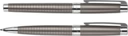 A metal writing set featuring two stylish pens in a grey finish with a grid pattern and chrome accents.