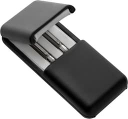 A black gift box opens to reveal two metal pens, nestled on a white padded interior.