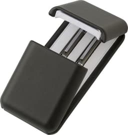 A sleek black case containing three metal pens, designed for writing. The case is partially open.