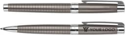 A sleek grey metal pen with a textured grip and chrome accents, featuring a logo on the barrel.