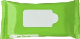A green plastic bag containing 10 wet tissues, featuring a blank label area and a logo.