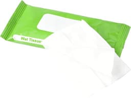 A green plastic packet containing 10 white wet tissues, with one tissue partially pulled out.