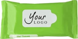 A green plastic pack containing 10 wet tissues, featuring a logo on the front.