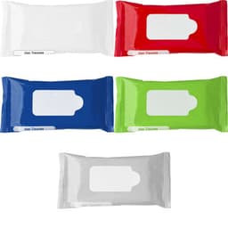 A collection of five packages of wet tissues in white, red, blue, green, and grey, each with a logo.