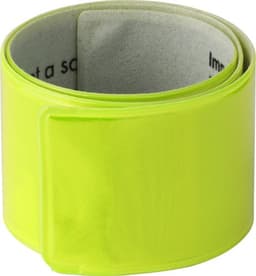 A bright yellow PVC arm band featuring a soft inner lining and a logo.