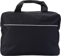 A black 600D polyester document bag with a white stripe and dual handles. Features a zip closure and branding.
