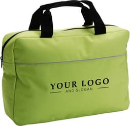 A lime green polyester document bag with black handles and a zippered closure, featuring a logo on the front.