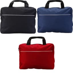 A polyester (600D) document bag in black, navy, and red, featuring handles and a zip closure.