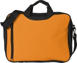 An orange and black polyester shoulder bag with a zipper and dual handles, featuring a detachable strap and branding.