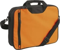 A bright orange polyester shoulder bag with a black zipper and strap, featuring a sturdy handle and logo.