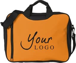 An orange and black polyester shoulder bag featuring a logo on the front. It has dual handles and an adjustable strap.