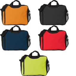A collection of polyester shoulder bags in orange, black, navy, red, and green, each with a logo.