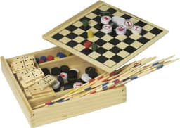A wooden game set featuring a checkerboard, dominoes, and various game pieces in multiple colours.