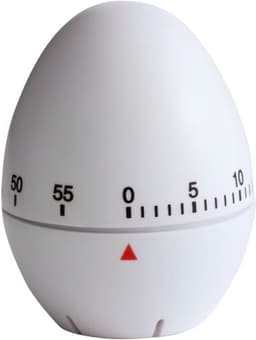 A white egg-shaped kitchen timer with a red triangle and black numeric markings for timing up to 60 minutes.