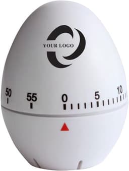 A white plastic kitchen timer shaped like an egg with a logo and a dial for setting times.