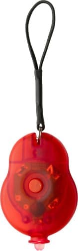 A red ABS bicycle light with a loop for attachment, featuring a round button in the centre.