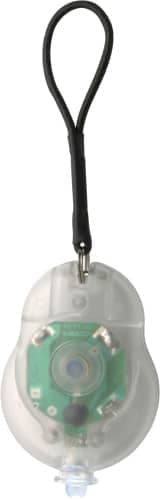 A transparent ABS bicycle light in a rounded case, with a black handle for attachment.