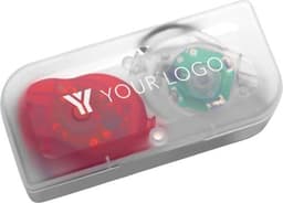 A compact case containing red and green ABS bicycle lights with an embedded logo.