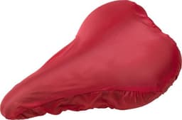 A red polyester bicycle seat cover with a snug fit design and an elastic edge for secure placement.