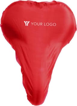 A red polyester bicycle seat cover with a logo printed on the side.