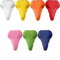 A set of polyester bicycle seat covers in white, yellow, orange, red, pink, green, and blue. All covers feature a logo.