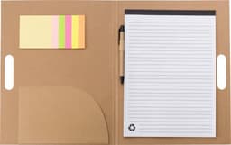 A cardboard memo folder in brown featuring lined paper, a pen, and sticky notes in pink, yellow, and green.