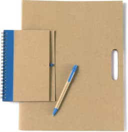 A cardboard memo folder in brown, accompanied by a small spiral notebook and a blue pen.