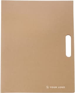 A cardboard memo folder in a light brown colour, featuring a cut-out handle and a logo in the bottom corner.
