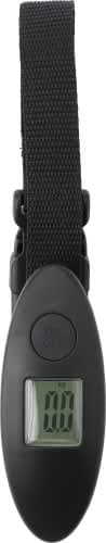 A black ABS luggage scale with a digital display and a webbing strap for easy handling.