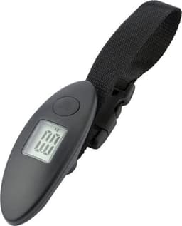 A black digital luggage scale with a strap and an LCD display. It has a compact, oval design.