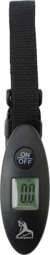 A black ABS luggage scale with a digital display and an on/off button. It features a strap for easy handling.