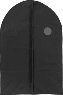 A black PEVA garment bag with a rounded top and a zipper closure, featuring a logo.