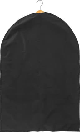 A black PEVA garment bag with a hanger, featuring a smooth, rounded top. It includes a logo.