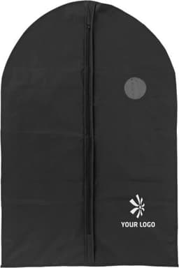 A black PEVA garment bag featuring a zip closure and a logo on the bottom right.
