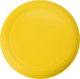 A yellow Frisbee with a smooth surface and ridged edges, featuring a logo on it.