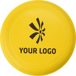 A yellow Frisbee featuring a central logo design and a smooth, curved edge.