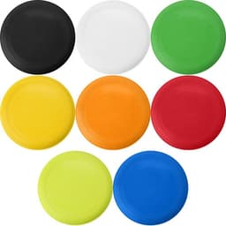 A collection of Frisbees in black, white, green, yellow, orange, red, and blue arranged in a grid pattern. Each has a smooth surface and branding.