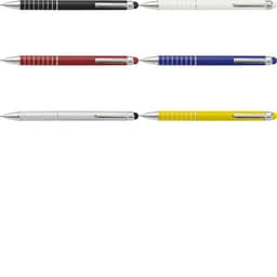 Aluminium lacquered ballpoint pens in black, white, red, blue, silver, and yellow, featuring a logo.