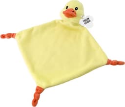 A yellow plush cloth featuring a duck design with an attached tag and orange limbs.