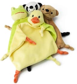 A collection of plush toys featuring a frog, a duck, a panda, and an otter, in green, yellow, black, and brown colours.