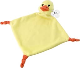 A yellow plush cloth toy shaped like a duck, featuring orange beak and feet, with a label attached.