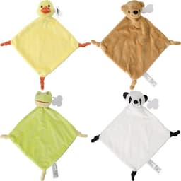 Four plush cloth toys in various shapes: a yellow duck, brown bear, green frog, and white panda, each with soft textures.