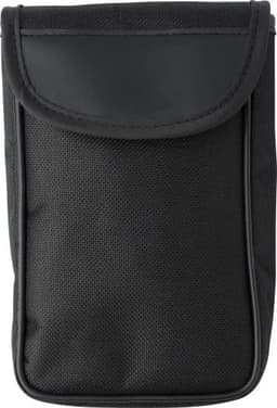 A black fabric pouch with a flap, featuring a textured surface and stitched detailing. It has a simple design and a logo.