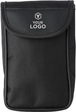 A black carrying case with a flap closure and a logo on the front.
