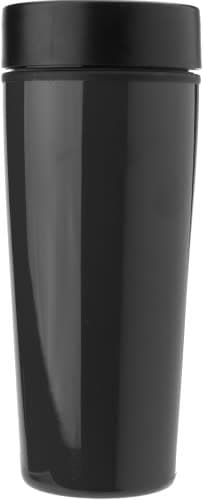 A stainless steel double-walled travel mug in black, featuring a fitted lid and a sleek design.