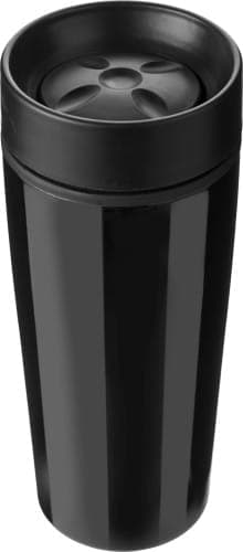 A stainless steel double-walled travel mug in black with a black lid and a logo on the side.