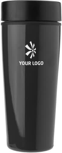 A sleek black stainless steel double-walled travel mug with a logo on the front.