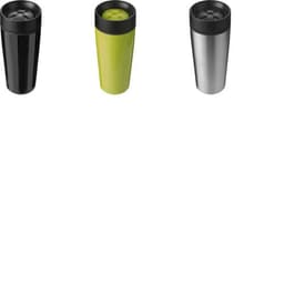 A set of three stainless steel double-walled travel mugs in black, lime green, and silver, featuring black lids.